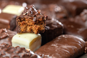 Appetizing food background. Assortment of chocolate handmade close up. Chocolate background. 