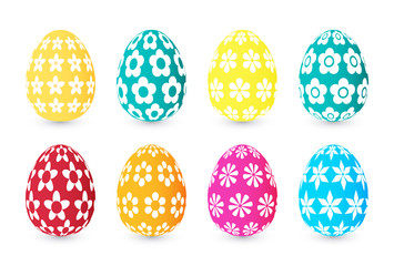 Happy Easter collection. Set of surround realistic colorful Easter eggs with  flowers ornament. Isolated on white background. 3d vector Illustration. For spring holiday greeting card, poster, flyer