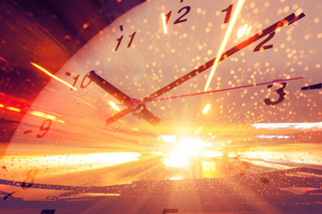 Timing fast speed car acceleration drive overlay with clock face for background.