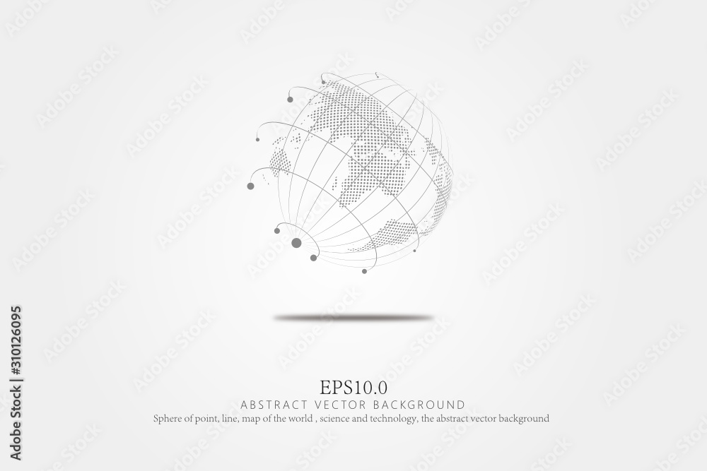 Poster a sphere of dots and lines, a world map, science and technology, a vector background of science abst