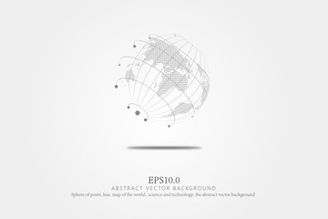A sphere of dots and lines, a world map, science and technology, a vector background of science abstracts