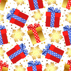 Obraz premium Snowflakes and gifts on seamless winter background. Decorative greeting card happy New year and merry Christmas. Suitable for fabrics and paper.