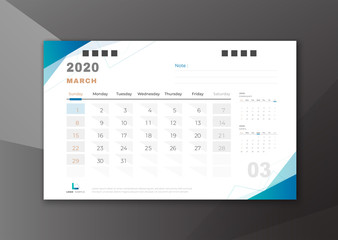 2020 March desk calendar white blue theme