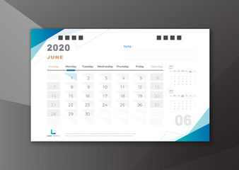 2020 June desk calendar white blue theme
