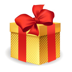 Obraz premium Gift with ribbon tied in a bow. The Golden box. The object is suitable for advertising, trade, sales, holidays