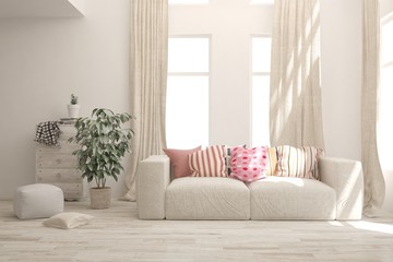 Stylish room in white color with sofa. Scandinavian interior design. 3D illustration