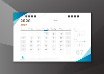2020 July desk calendar white blue theme