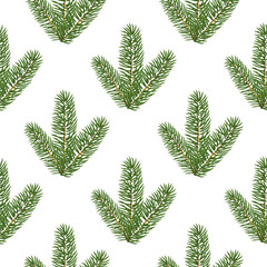 Spruce branches on winter seamless background. Decorative greeting card happy new year 2020 and merry Christmas. Advertising banner for trade and sale