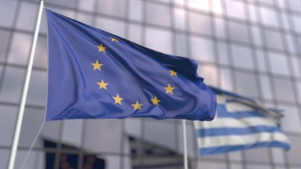 Waving flags of the European Union EU and Greece in front of a modern skyscraper facade - Powered by Adobe