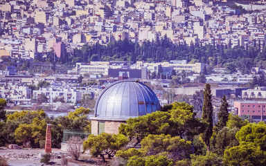 Athens Greece, dome of the national observatory and panoramic view of the city