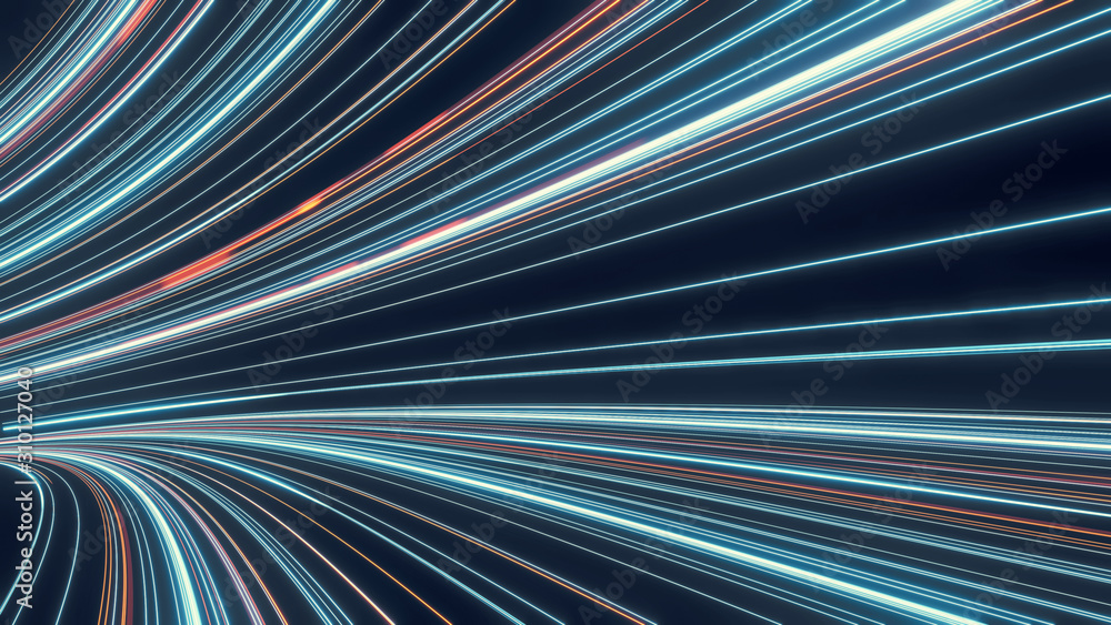 Poster 3d rendering of abstract fast moving stripe lines with glowing sun light flare. high speed motion bl