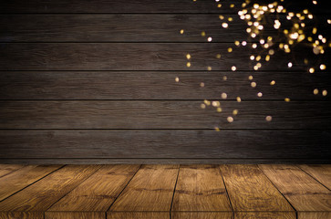 old wood background Festive golden bokeh with wooden table