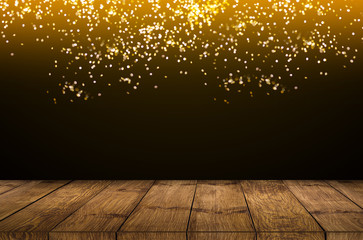old wood background Wooden counter with firework on night sky