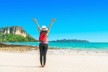 Traveler woman on sand beach joy beautiful nature scenic landscape Tub island Krabi, Outdoor...
