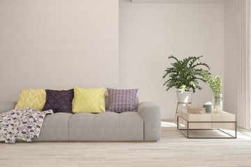 Stylish room in white color with sofa. Scandinavian interior design. 3D illustration
