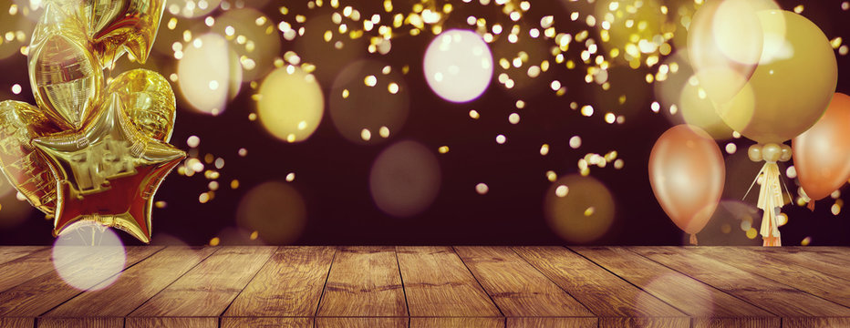 old wood background Table with fireworks and golden ballons