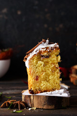 Delicious pastry baking. Easter cake with filling. Quail eggs. Flowers, table, dishes.