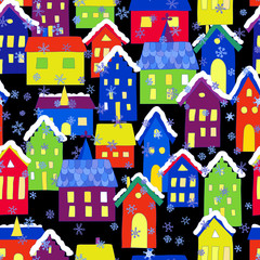 Seamless christmas pattern with winter stylized european houses.