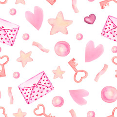 Watercolor hand drawn seamless pattern with pink letter, key, pearl, heart, star. Valentines day seamless pattern.