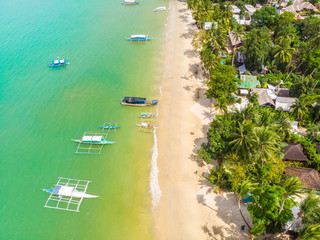 Aerial view of Port Barton Beach on paradise island, tropical travel destination - Port Barton, San Vicente, Palawan, Philippines.