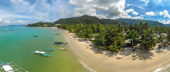 Aerial view of Port Barton Beach on paradise island, tropical travel destination - Port Barton, San Vicente, Palawan, Philippines.