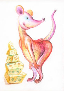 Pencil drawing of a rat. Illustration for children. Image of animals with colored pencils. Chinese Horoscope 2020. Happy rat, she found cheese.