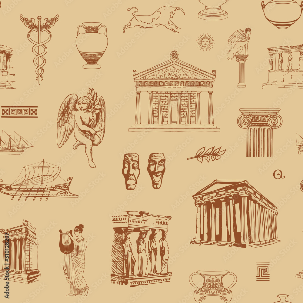 Poster vector seamless pattern on the theme of ancient greece with sketches of architectural monuments and 