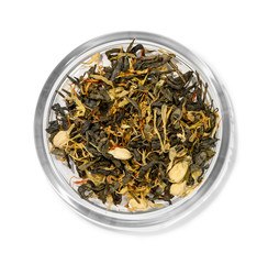 Green tea with aromatic additives. Top view on white background