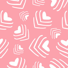 Fototapeta premium Abstract seamless pattern with white stylized hearts on pink background. Endless background. Minimal design for Valentine's day or wedding. Vector illustration