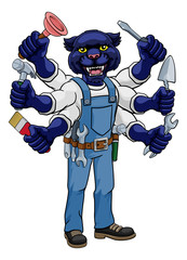 A panther animal construction cartoon mascot multitasking handyman or builder maintenance contractor holding lots of tools