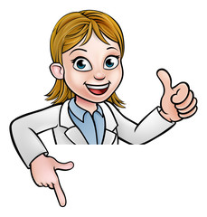 A cartoon scientist professor or doctor wearing lab white coat peeking above sign pointing and giving a thumbs up