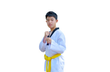 Boys in Taekwondo The yellow line is in position ready to fight with colors White background appropriate the Backdrop, idea copy space