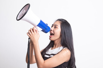 Beautiful young Asian woman announce with megaphone