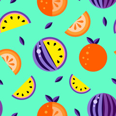 Watermelons Violet yellow Orange green background. Seamless pattern melon set wallpaper Raster. Good t shirt print. Hand drawn graphic symbol backdrop. Decoration summer fruits texture illustration