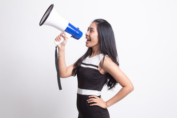 Beautiful young Asian woman announce with megaphone