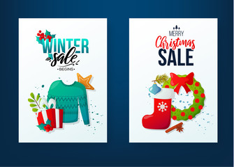 Set of winter seasonal sale ad vector backgrounds.