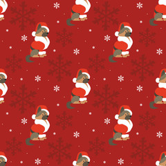 Colorful seamless pattern with cute dog in Christmas costume. Vector background.