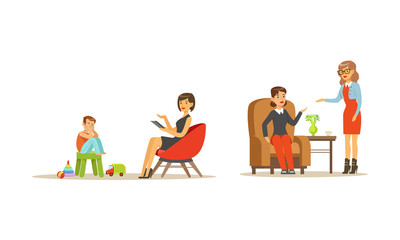 People Visiting Female Psychologist Vector Illustrations Set