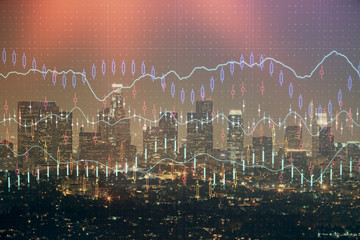 Plakat Multi exposure of forex chart drawings over cityscape background. Concept of success.