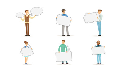 People Characters Standing and Holding Speech Bubbles Vector Set