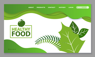 Healthy food and drink, natural products, organic nutrition, restaurant, online store web landing page template vector. Green leaves and apple, snack ordering. Dietary food order mobile site mockup