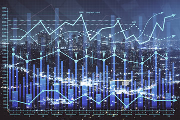 Financial graph on night city scape with tall buildings background multi exposure. Analysis concept.