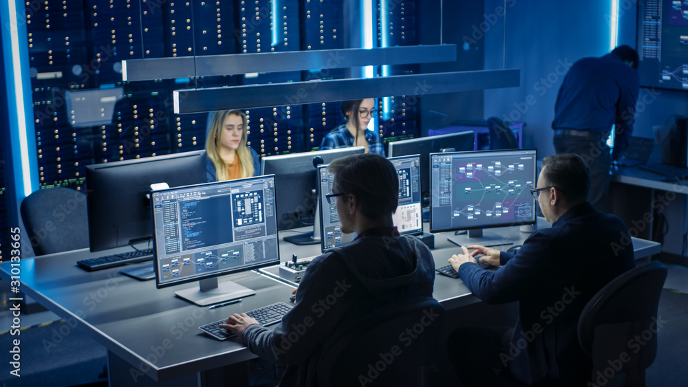 Poster Team of IT Programers Working on Desktop Computers in Data Center System Control Room. Team of Young Professionals Working In Software and Hardware Development, Doing Coding 