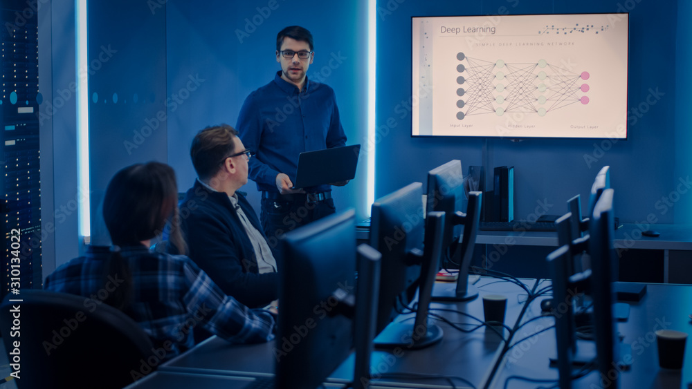 Poster Team of Professional IT Developers Have Meeting, Speaker Talks about New Blockchain Based Software Development Shown on TV. Software Development, Deep Learning, Artificial Intelligence, Data Mining