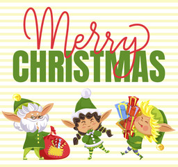 Merry Christmas greeting card with funny elf characters in hat holding bag with candies. Happy fairy hero carrying gift box on winter holidays. Striped postcard with best wish on festive vector