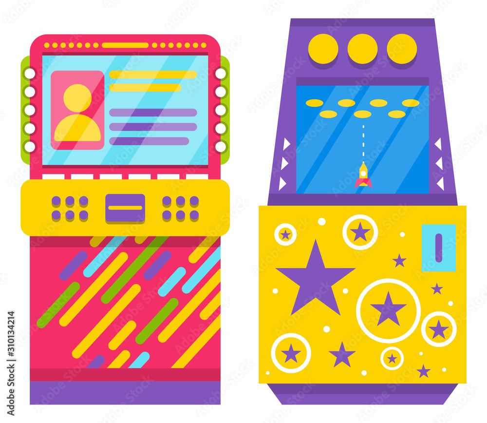 Poster arcade game machine vector, isolated electronic devices for entertainment and fun. gaming process fi
