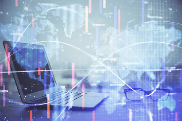 Multi exposure of business theme icons and work space with computer background. Concept of success.