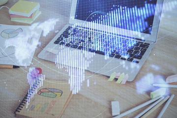 Fototapeta premium Multi exposure of business theme icons and work space with computer background. Concept of success.