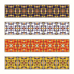 Tile border pattern vector seamless. Blue, yellow, white and red mosaic ornament texture. Portuguese azulejos, sicily italian majolica, mexican talavera, spanish, moroccan arabesque motifs.