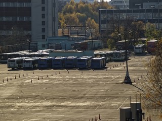 the bus fleet in Moscow in the autumn, Russia.